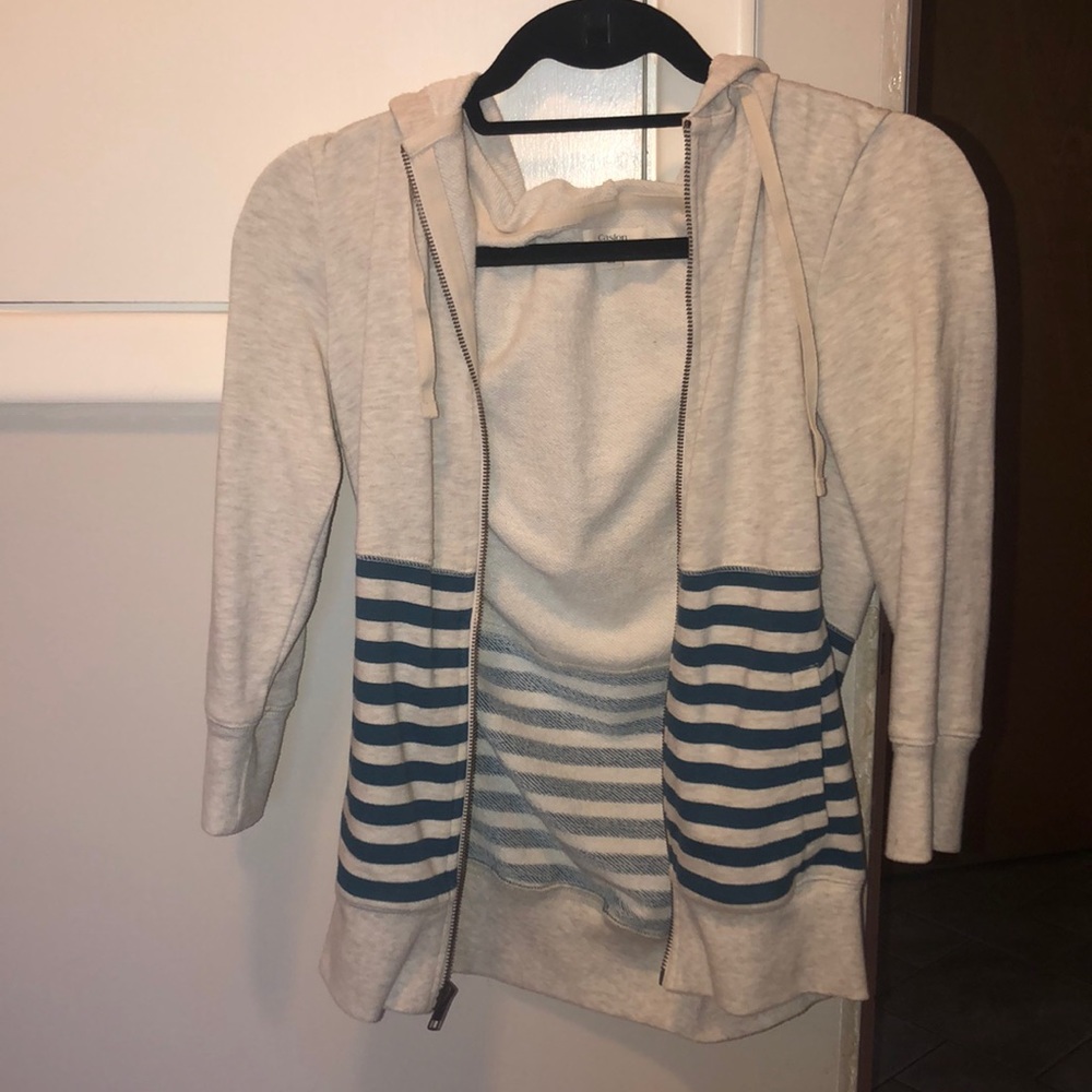 Caslon Blue and Grey Striped Zippered Hoodie